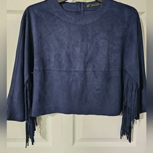 3 For $15 Zara Trafaluc Deep Blue FRINGE Suede Top